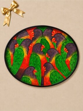 Tropical Parrot Serving Tray Mexican Folk Art Colorful Oval 15 Inch Tray
